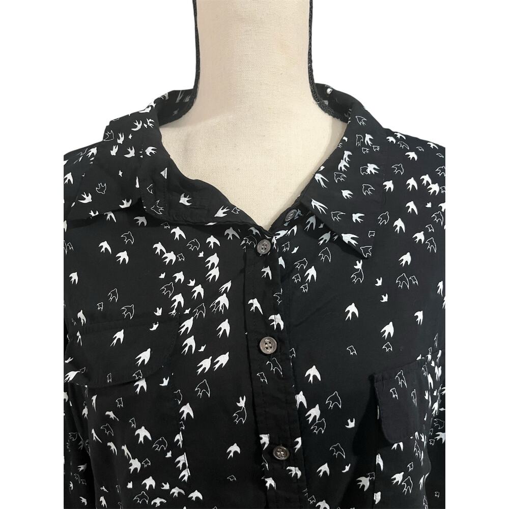 Two by Vince Camuto Women's Black White Bird Graphic Blouse Sz XL